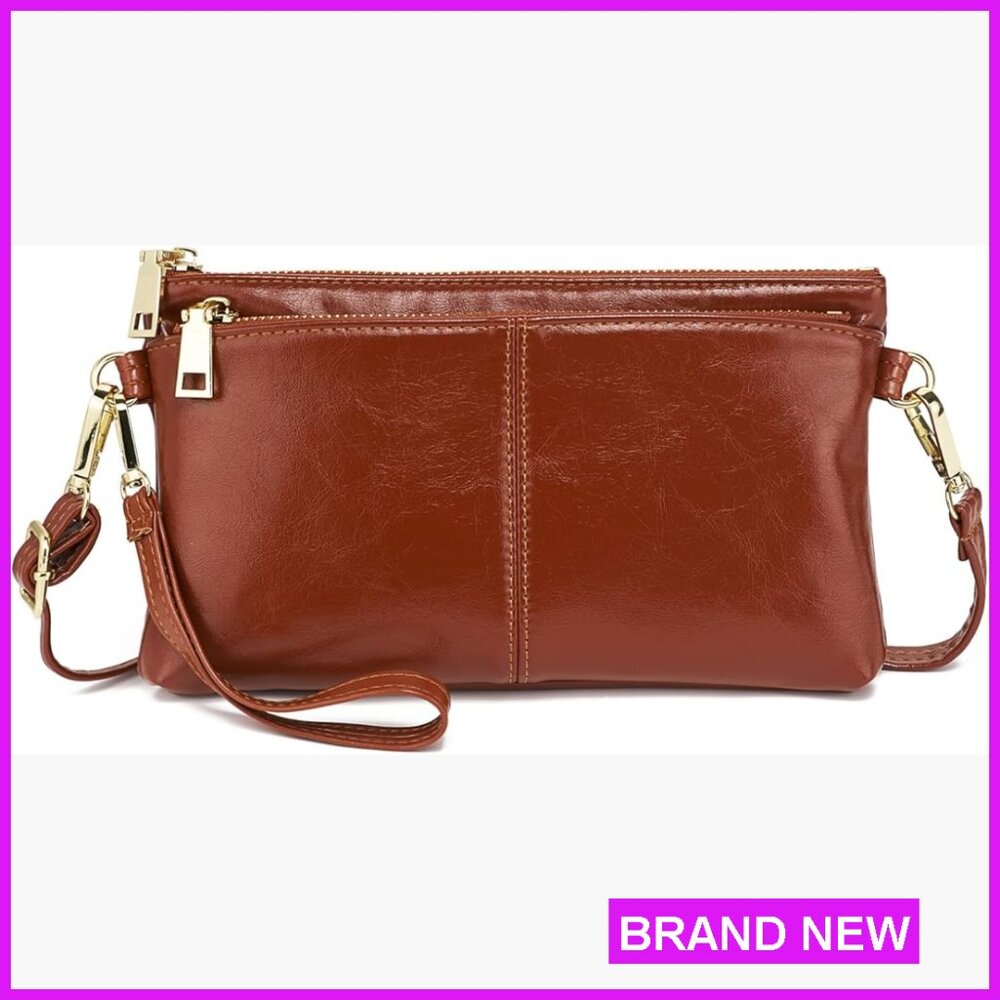 Triple Zip Vegan Leather Crossbody Wristlet Lightweight Elegant Adjustable Strap